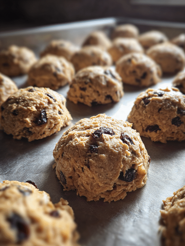 oatmeal raisin cookies dough scooped onto baking sheet