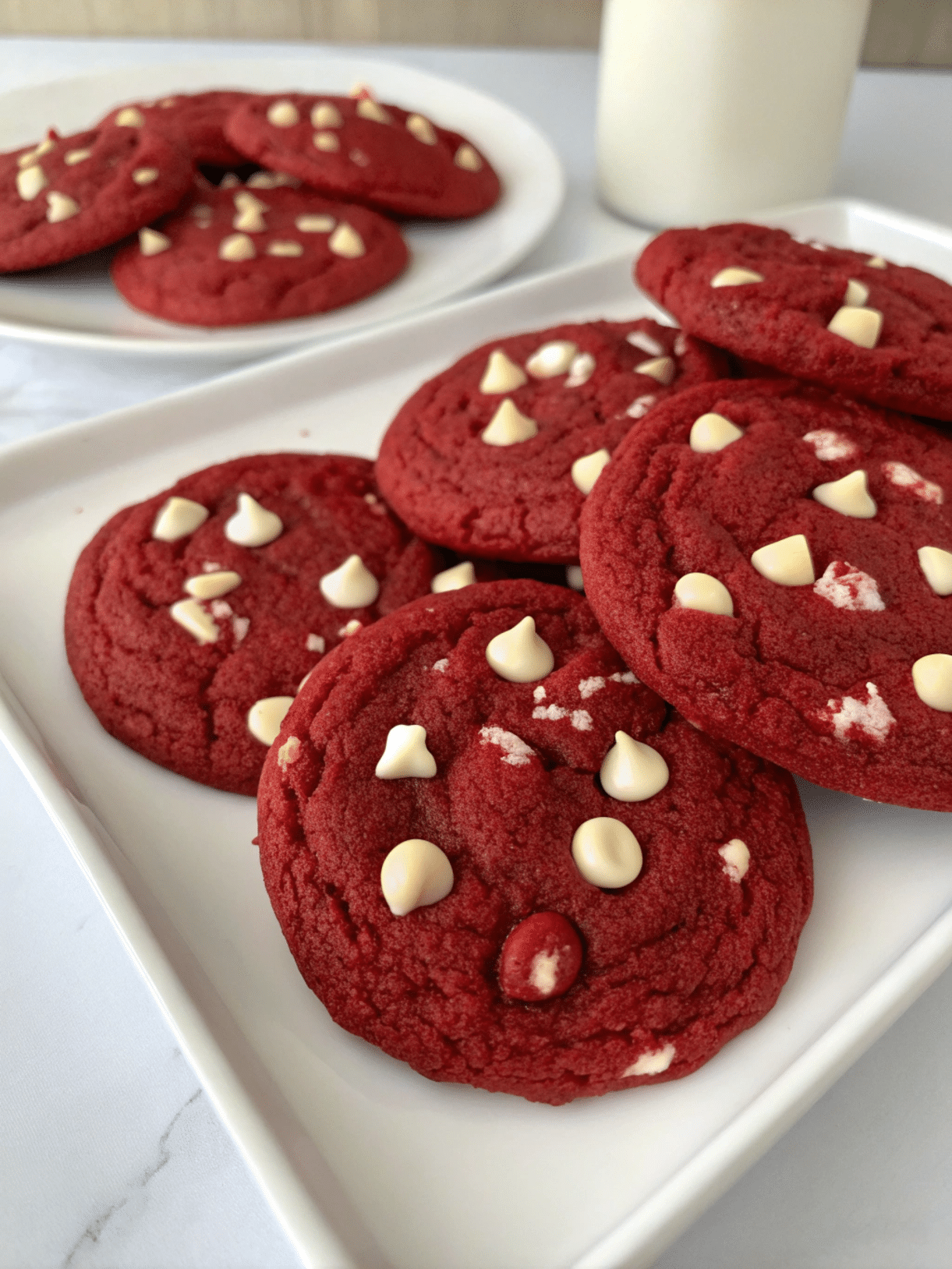 red velvet cookies plated soft chewy white chocolate