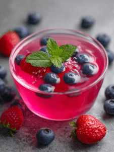 Jello weight loss recipe in a glass bowl with pink gelatin and berries, showing glossy texture and refreshing dessert look.