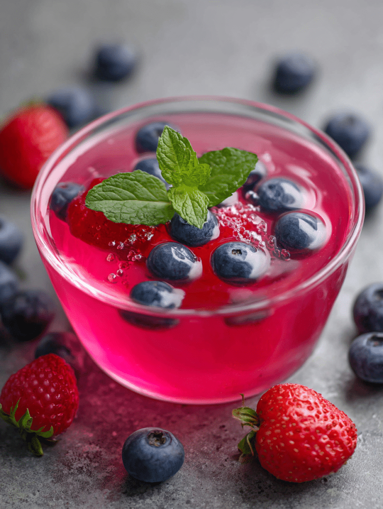 Jello weight loss recipe in a glass bowl with pink gelatin and berries, showing glossy texture and refreshing dessert look.