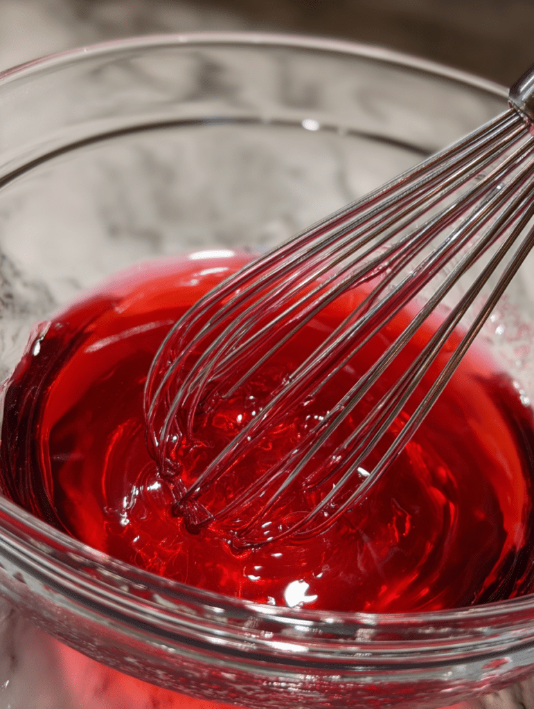 Whisking gelatin and cherry juice together in a clear bowl for jello weight loss recipe.