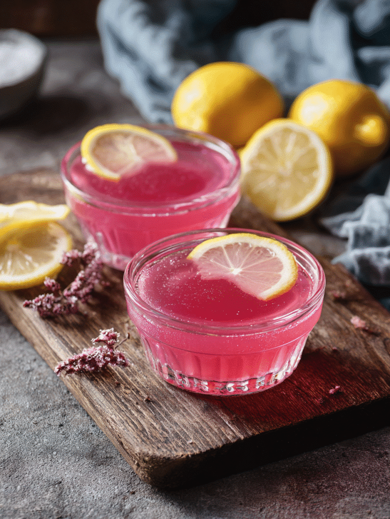 Served pink gelatin recipe in ramekin