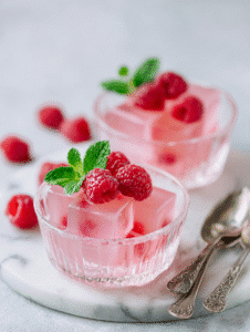Pink gelatin weight loss recipe in glass ramekins with raspberries and mint on white marble