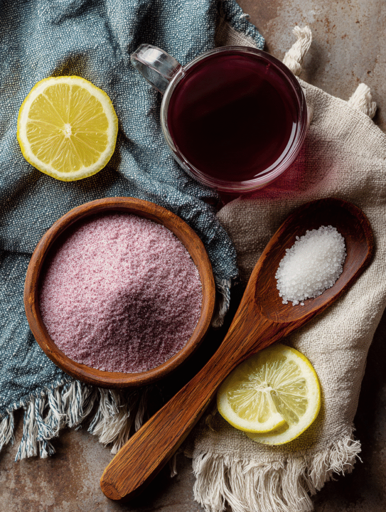 Pink Gelatin Weight Loss Recipe Pink gelatin weight loss recipe ingredients with gelatin powder, hibiscus tea, lemon, and stevia on pink background