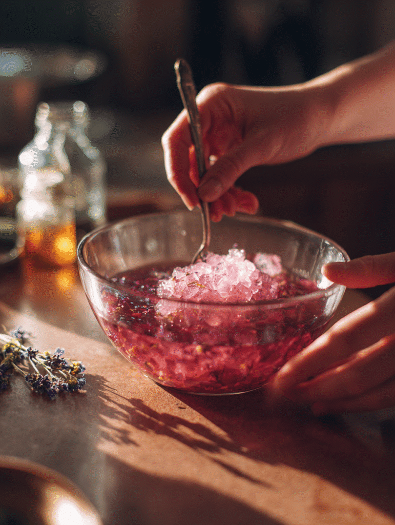 Pink Gelatin Weight Loss Recipe Pink gelatin weight loss recipe step of mixing tea with bloomed gelatin in glass bowl