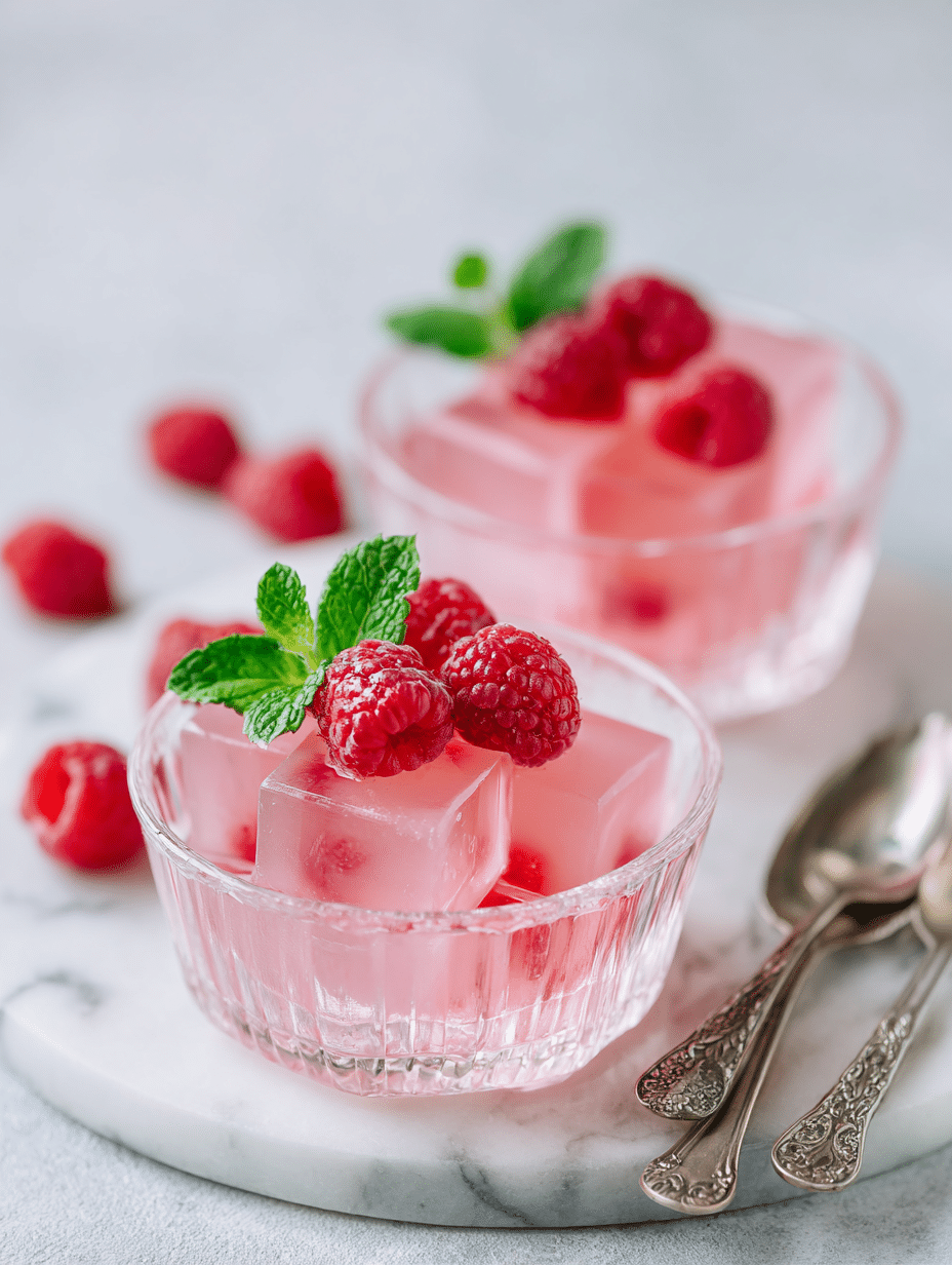 Pink Gelatin Weight Loss Recipe Pink gelatin weight loss recipe in glass ramekins with raspberries and mint on white marble
