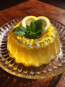Bariatric jello recipe in a glass bowl with lemon zest and mint