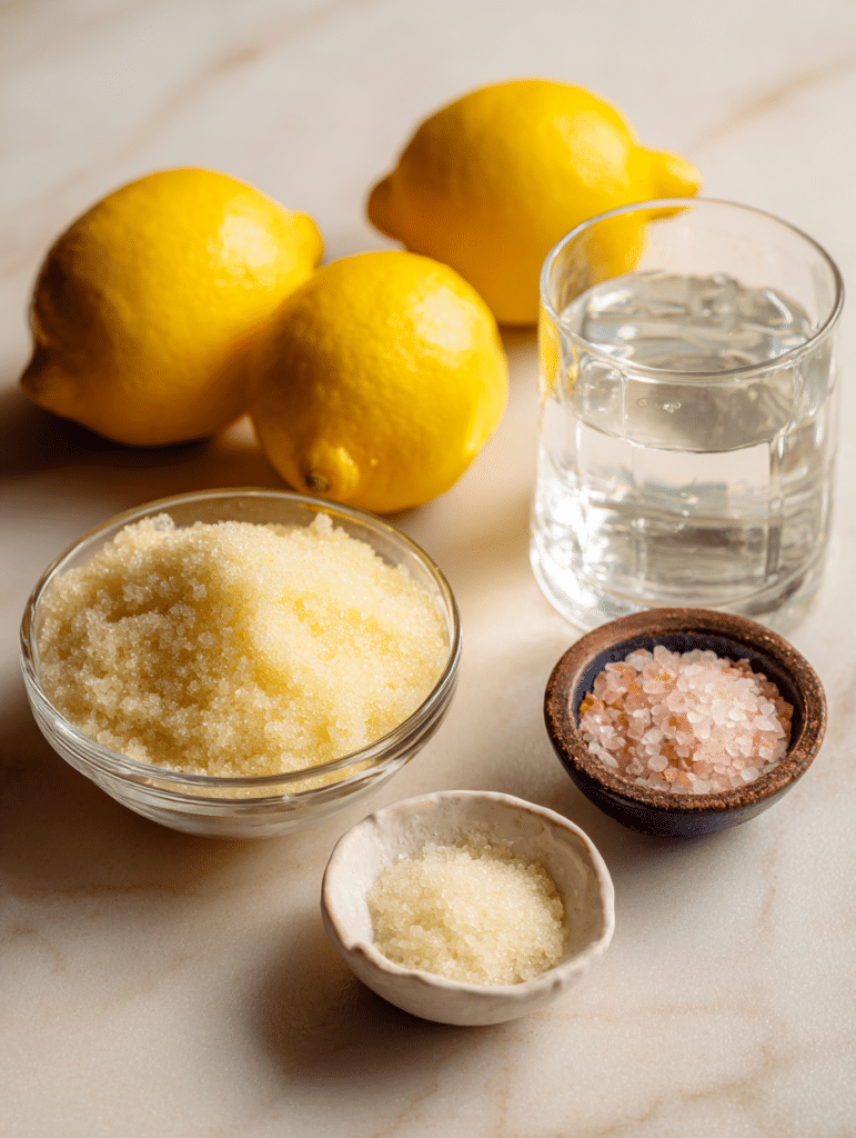 Ingredients for bariatric jello recipe, including grass-fed gelatin, lemon, pink salt, and filtered water