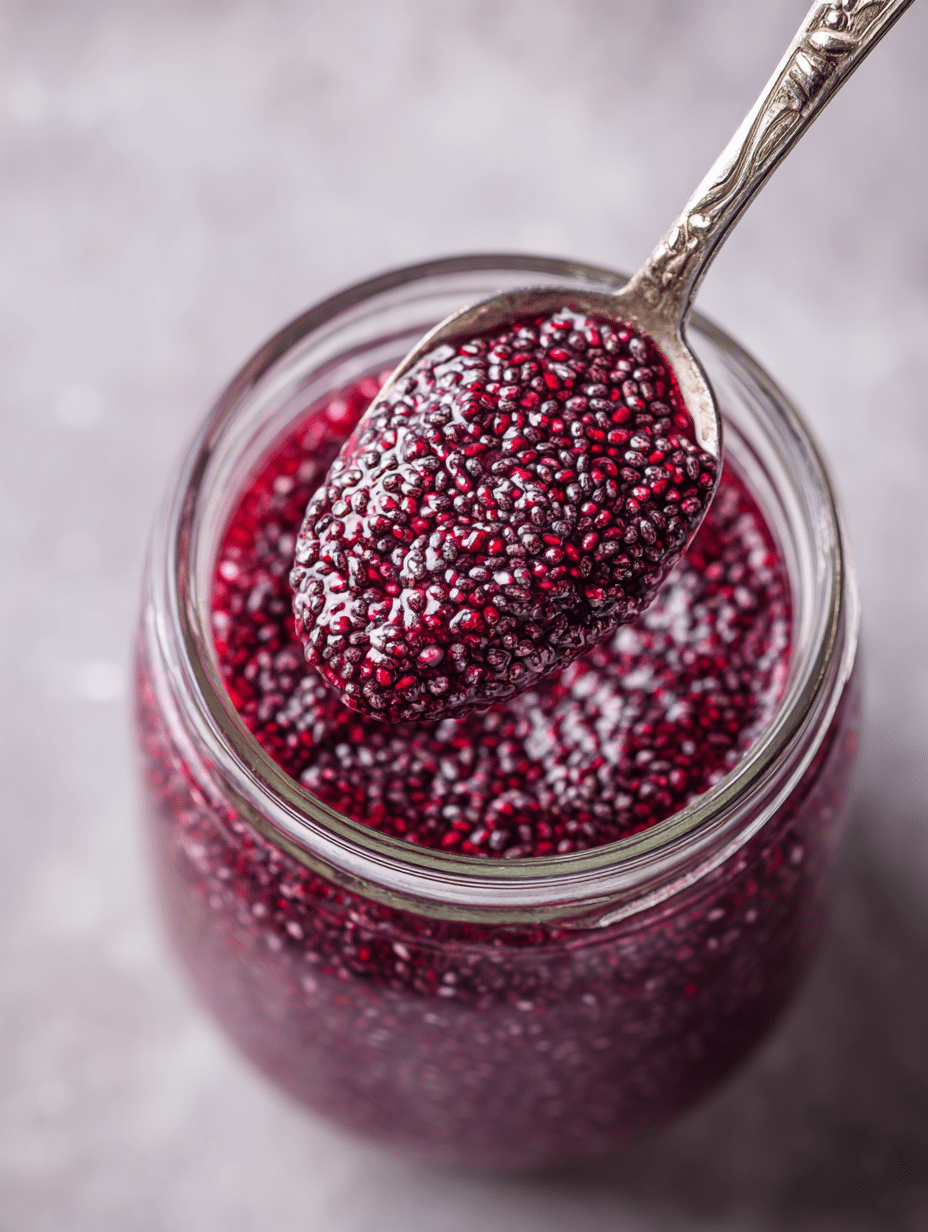 Stirring chia seeds into fruit juice for jelly