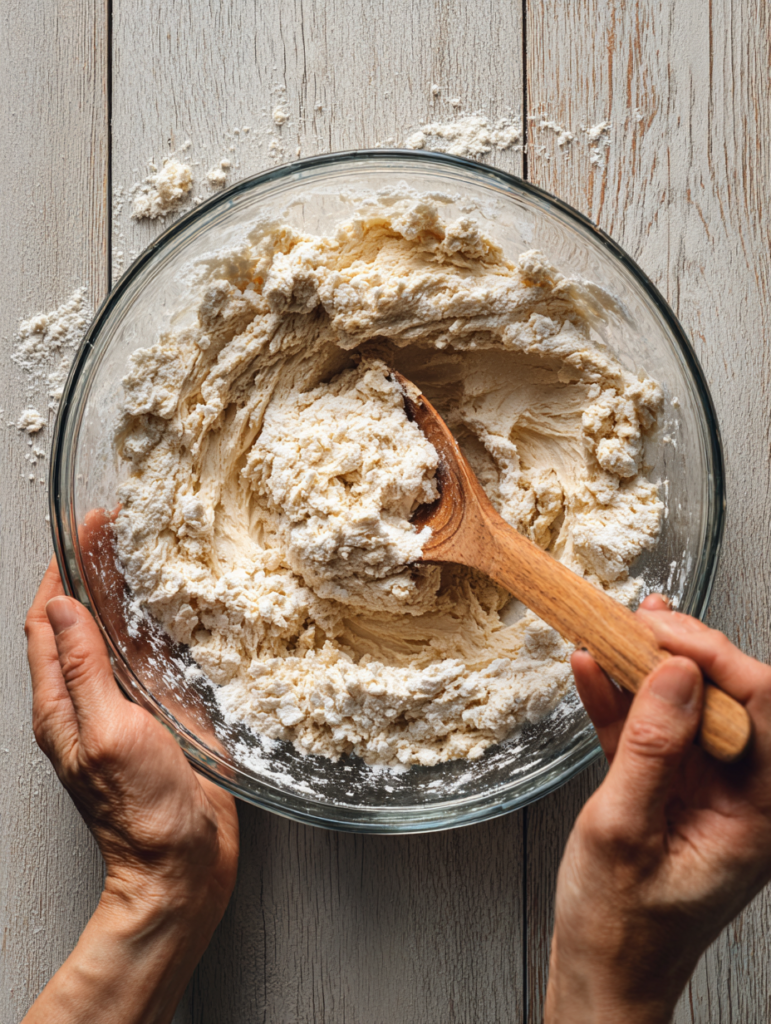 Mixing gluten free bread dough in bowl by hand