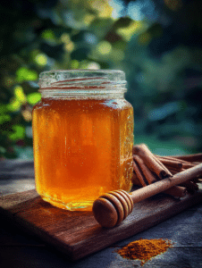 Asian honey protocol recipe prepared in glass jar with turmeric and cinnamon