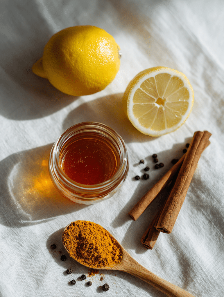 Asian Honey Protocol Recipe Ingredients for Asian honey protocol recipe including raw honey and turmeric