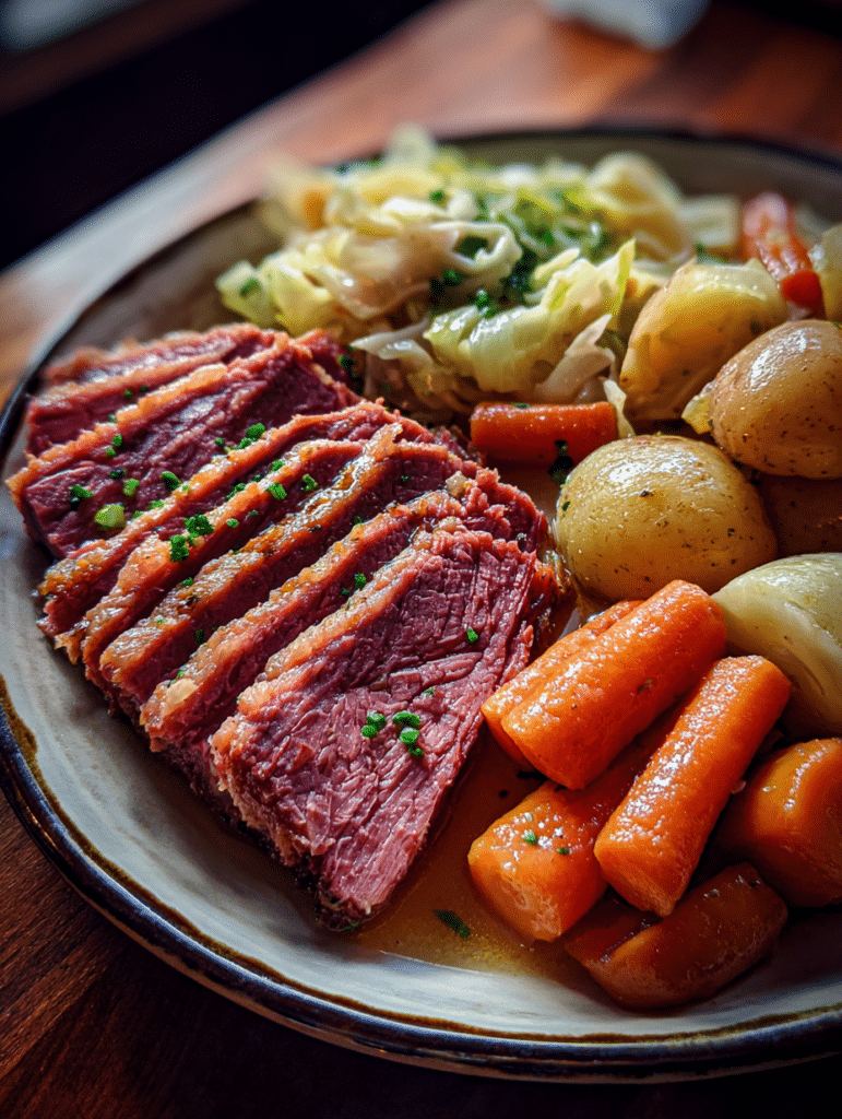serving corned beef and cabbage slow cooker recipe plated