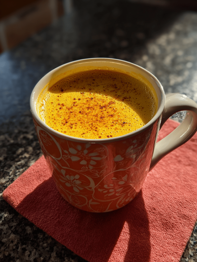 turmeric golden milk recipe in a warm rustic mug