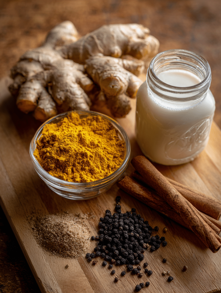 ingredients for turmeric golden milk recipe laid out