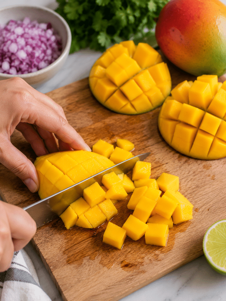 Dicing mango for fresh mango salsa recipe