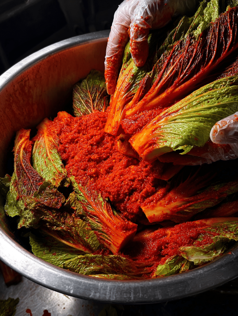 mixing fermented cabbage kimchi paste with cabbage