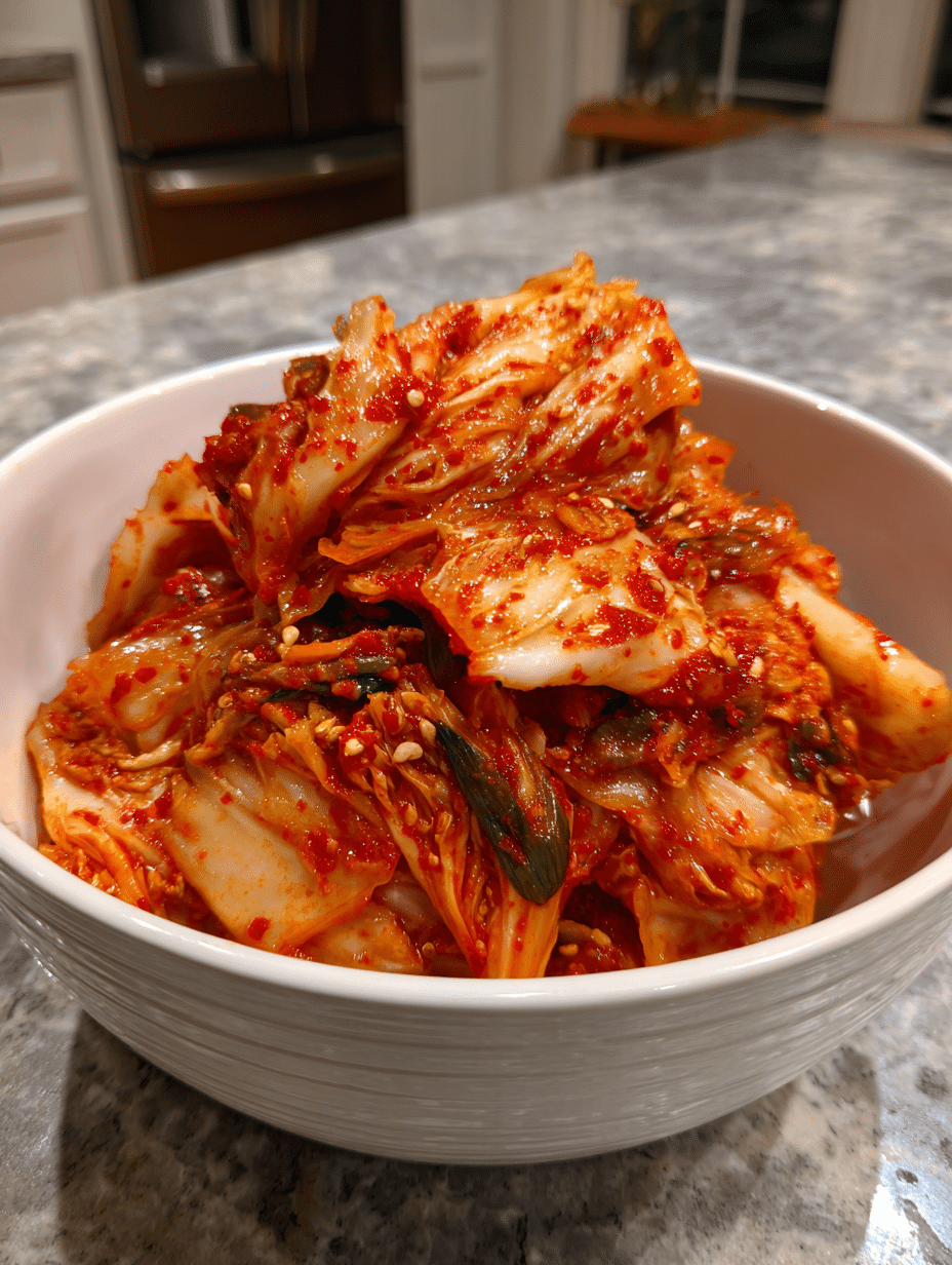fermented cabbage kimchi in rustic bowl