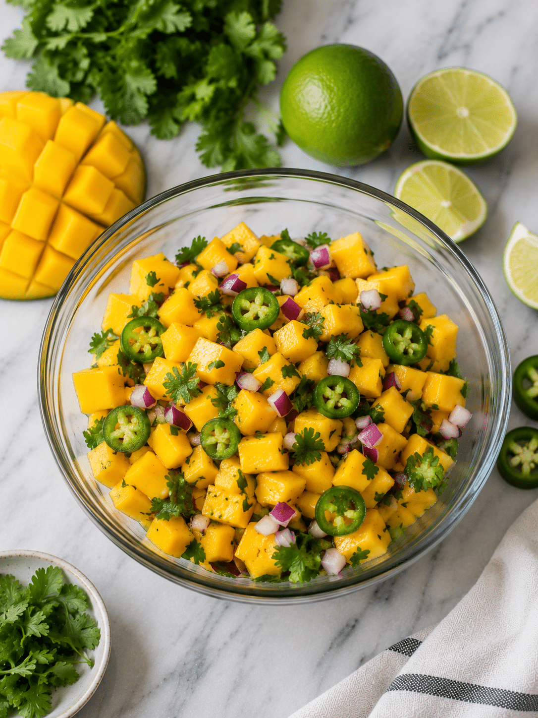 Fresh mango salsa recipe in bowl with cilantro and lime