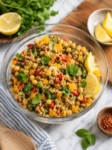 One Pot Moroccan-Inspired Chickpea Quinoa Salad in glass bowl