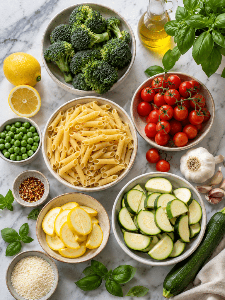 vegan pasta primavera ingredients for easy dinner