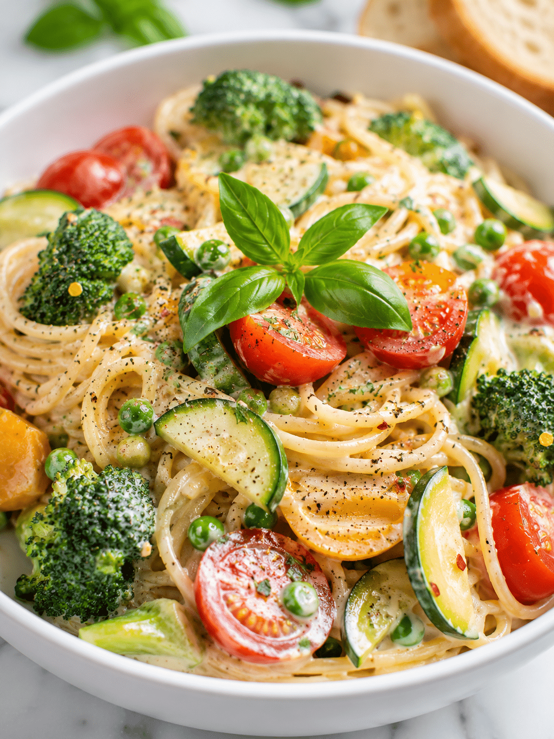 vegan pasta primavera recipe in creamy dairy-free sauce