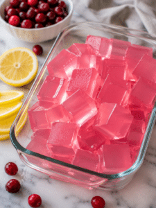 Homemade 3 ingredient gelatin recipe for weight loss served as pink gelatin cubes with fresh cranberries.