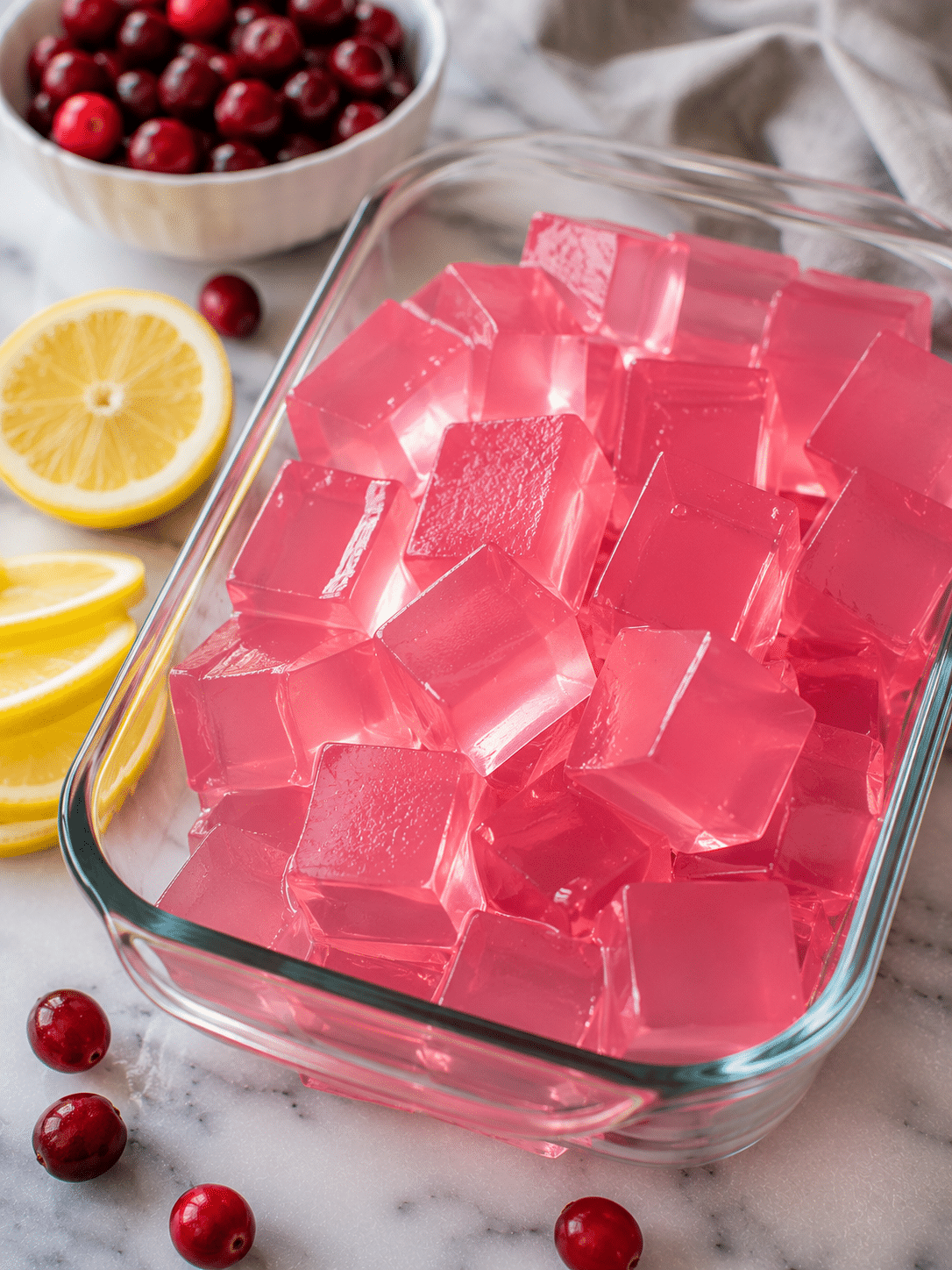 Homemade 3 ingredient gelatin recipe for weight loss served as pink gelatin cubes with fresh cranberries.