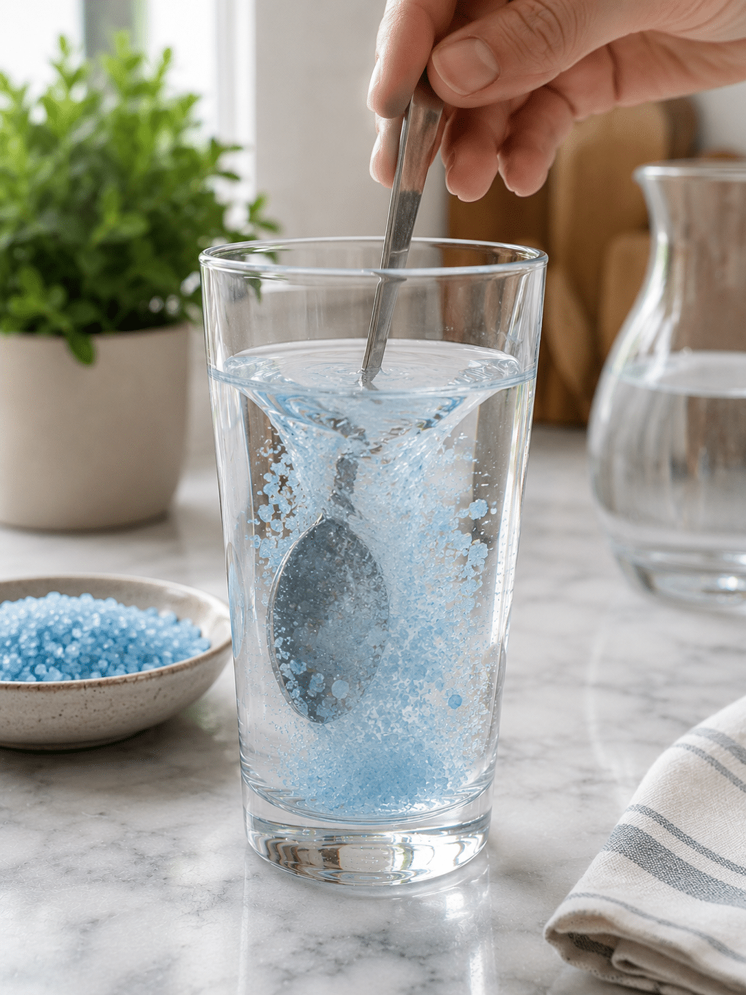Mixing blue salt into water for the horse salt trick recipe