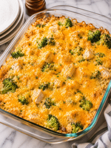 Chicken broccoli rice cheese casserole fresh from the oven with melted cheddar cheese