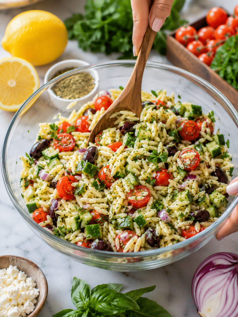 Cooking process for herby Italian orzo salad