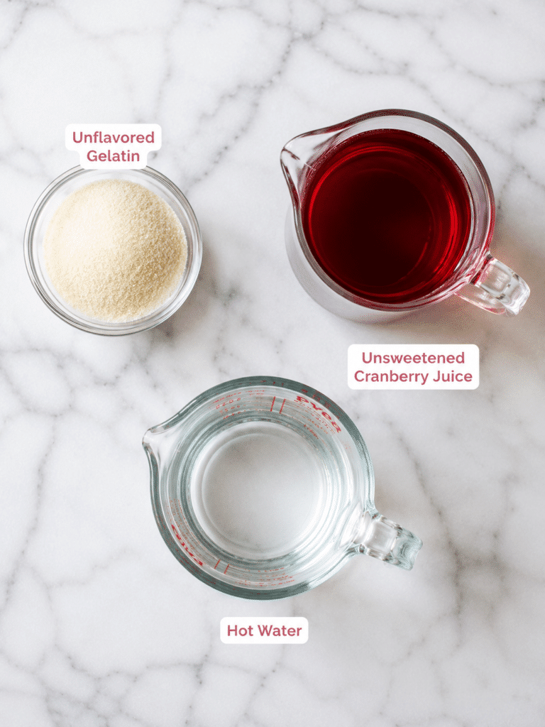 3 Ingredient Gelatin Recipe for Weight Loss: Simple, High-Protein, and Surprisingly Satisfying Ingredients for a 3 ingredient gelatin recipe for weight loss including unflavored gelatin, cranberry juice, and water.
