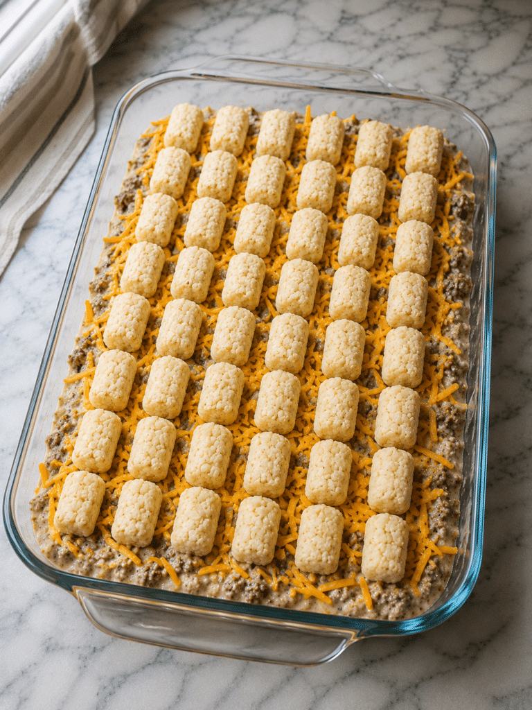 Assembling a tater tot casserole recipe before baking
