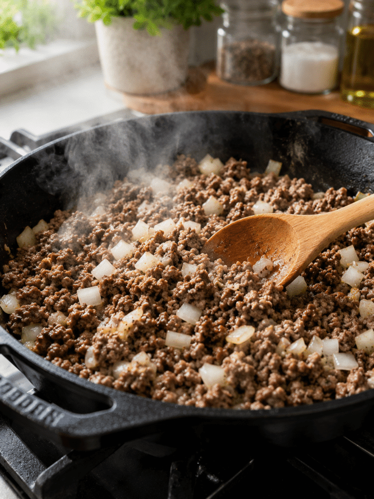 Browning ground beef and onions for tater tot ground beef casserole