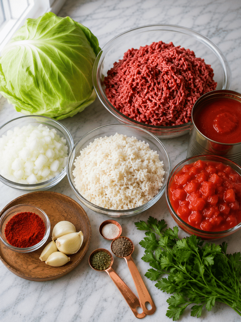 Cabbage Roll Casserole Recipe: Easy Comfort Food With Ground Beef Ingredients needed for cabbage roll casserole recipe