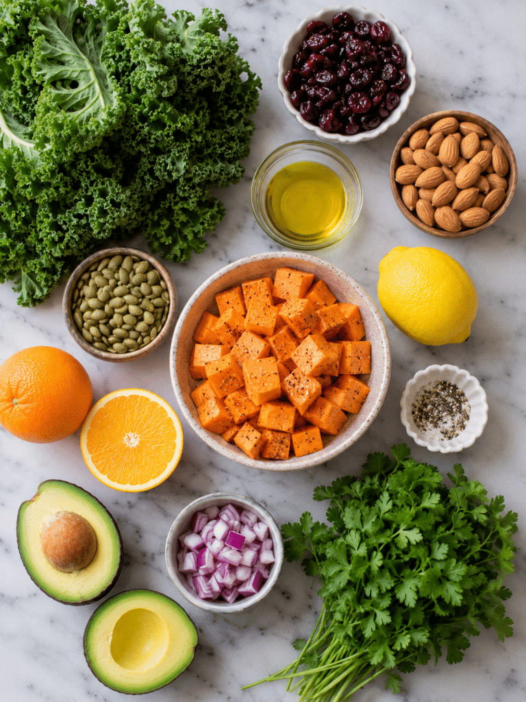 Ingredients for California roasted sweet potato kale salad arranged on a kitchen table