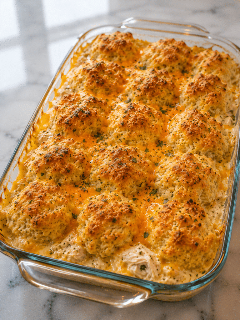 Cheddar bay biscuit casserole with golden garlic cheddar biscuit topping