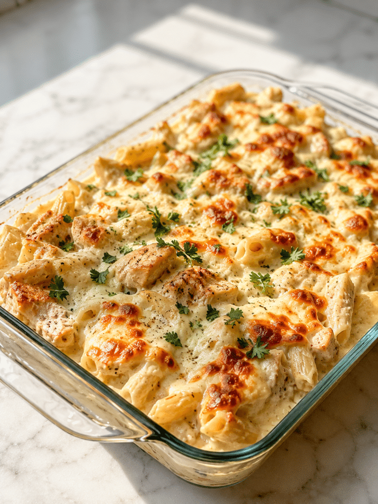 Chicken alfredo casserole recipe baked until golden brown and creamy