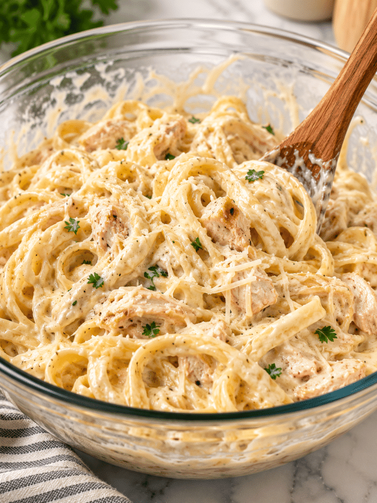 Mixing chicken alfredo casserole recipe filling