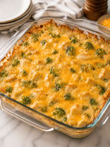 Chicken broccoli casserole recipe with creamy cheese topping and broccoli