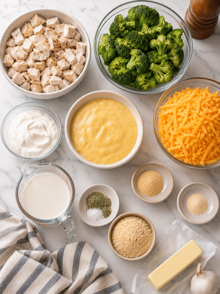 Ingredients for chicken broccoli casserole recipe