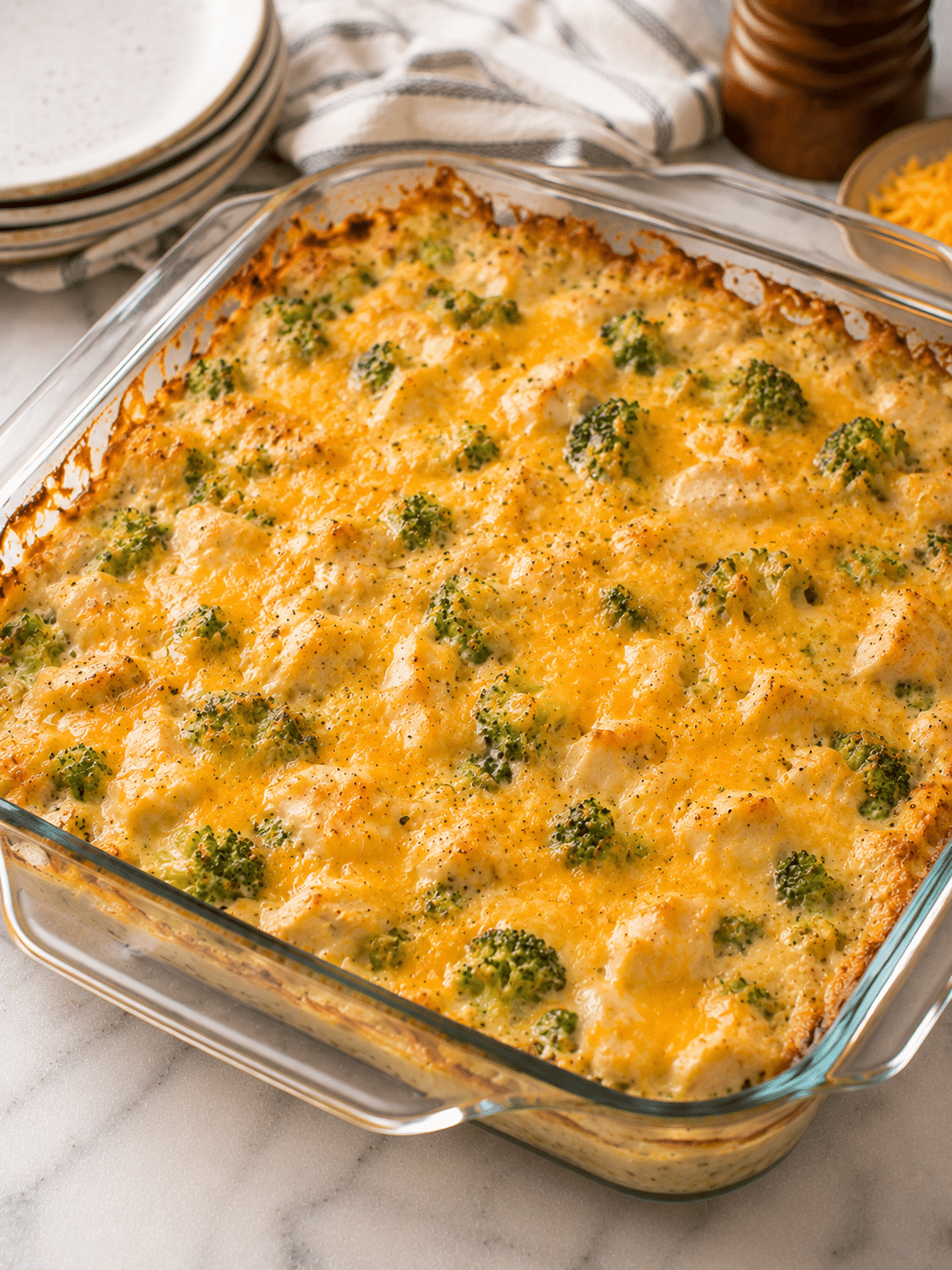 Chicken broccoli casserole recipe with creamy cheese topping and broccoli