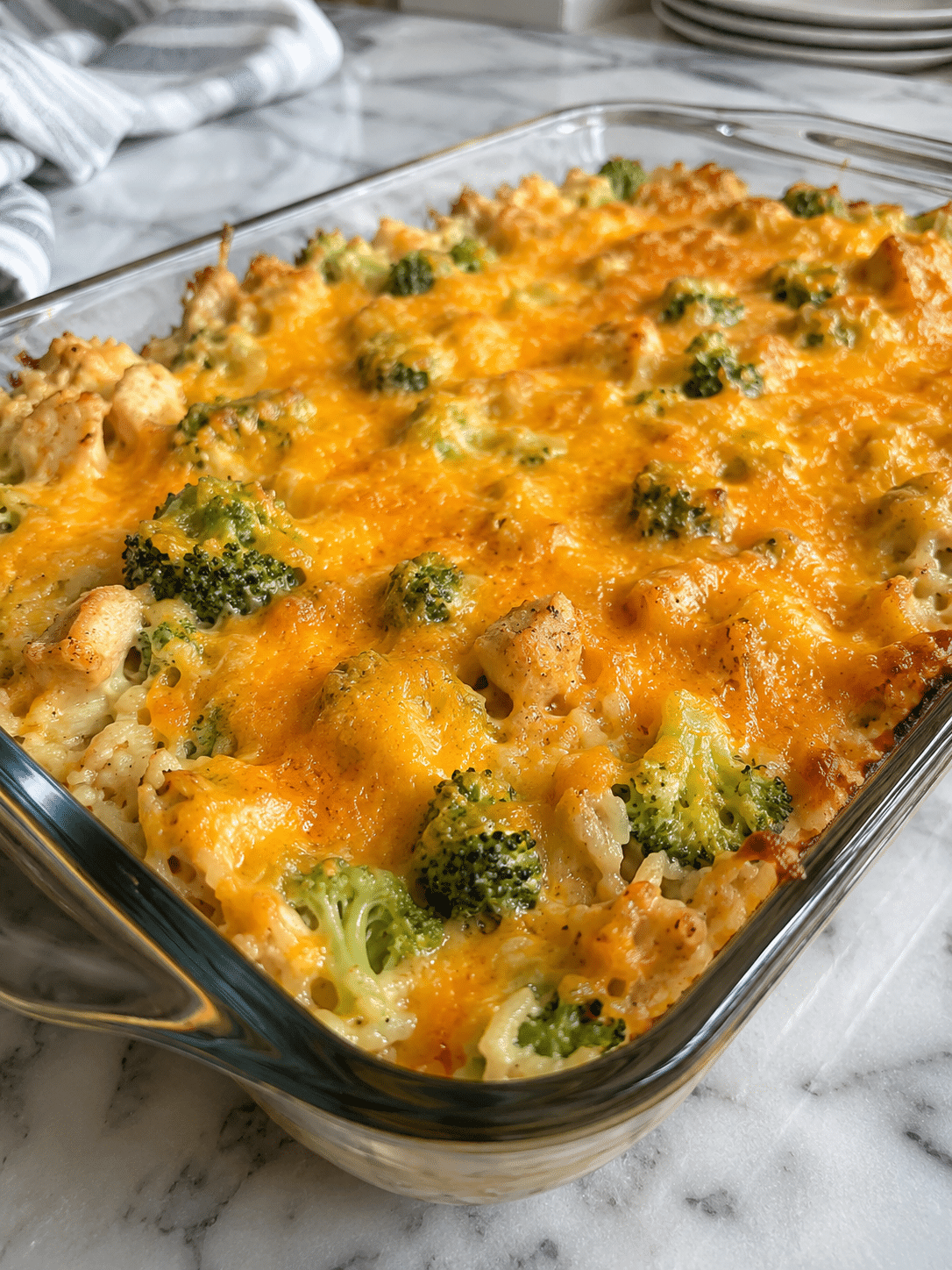 Chicken broccoli rice casserole fresh from the oven