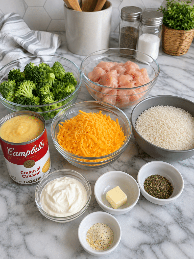 Ingredients for chicken broccoli rice casserole recipe