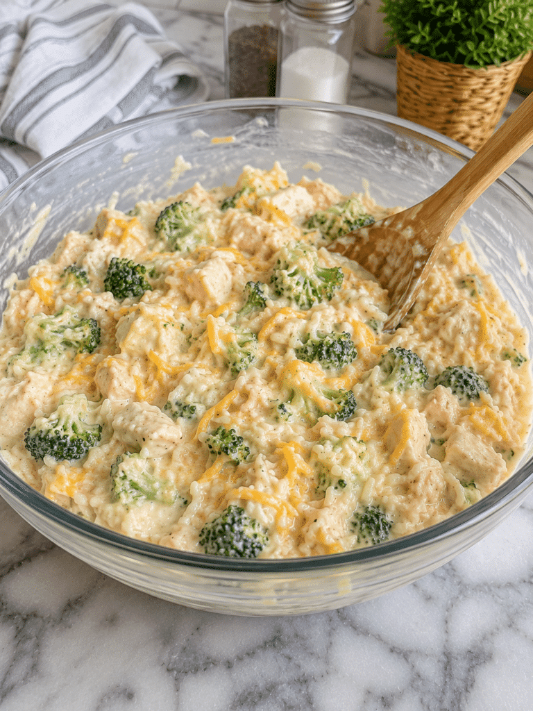 Mixing chicken broccoli rice casserole ingredients