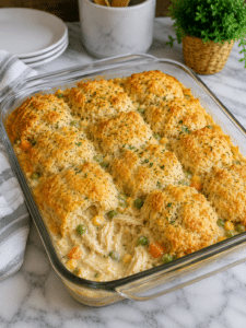 Chicken cobbler casserole recipe with golden biscuit topping