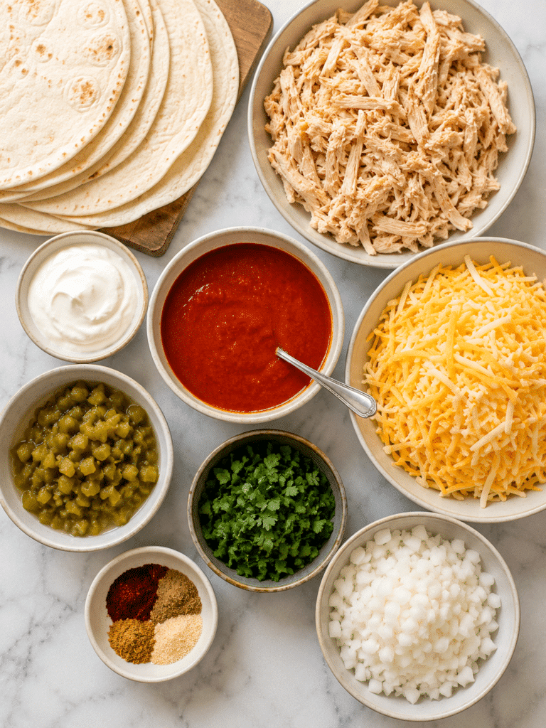 Ingredients for chicken enchiladas casserole recipe