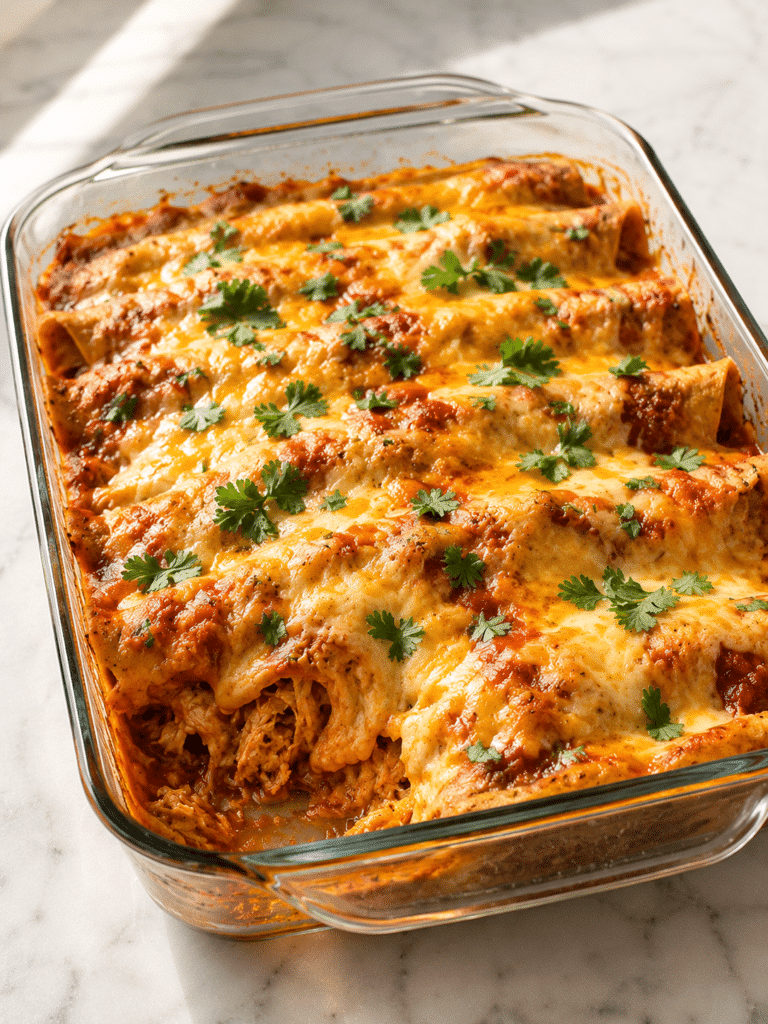 Chicken enchiladas casserole recipe fresh from the oven