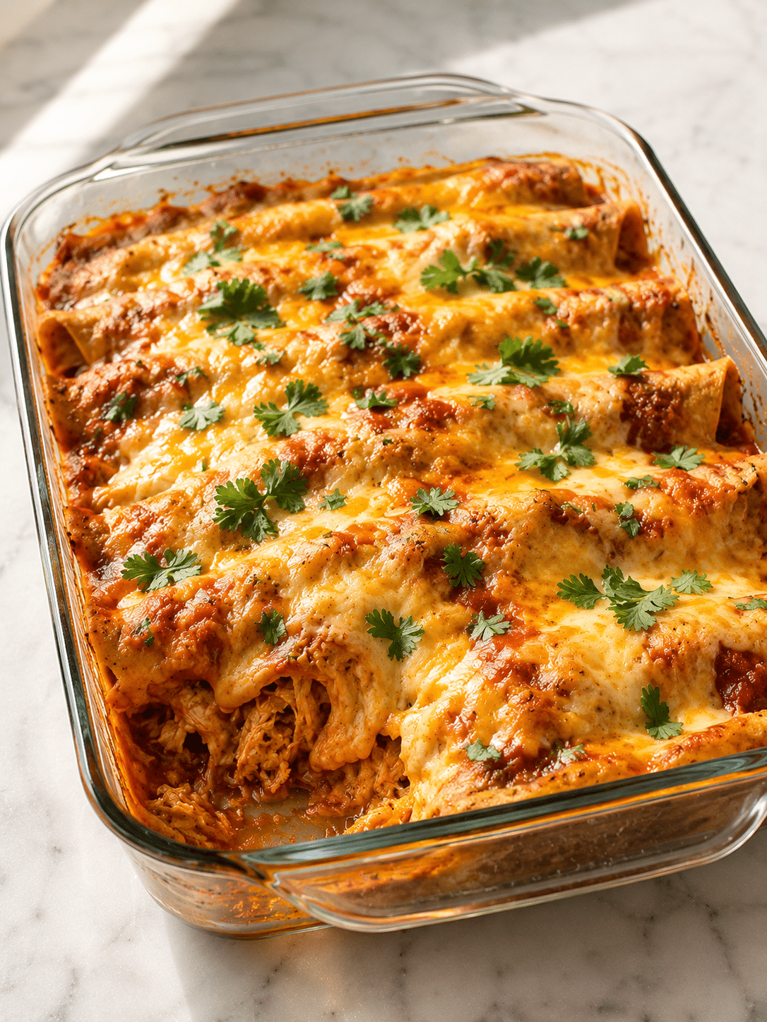 Chicken enchiladas casserole recipe fresh from the oven