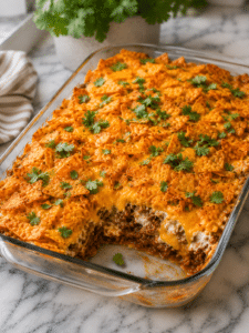 Doritos casserole recipe with ground beef and melted cheddar cheese
